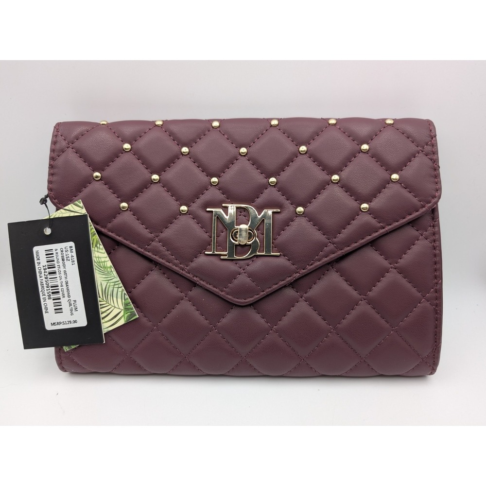 Badgley Mischka Crossbody Plum Vegan Leather Quilted Studded Chain Bag‎ NWT